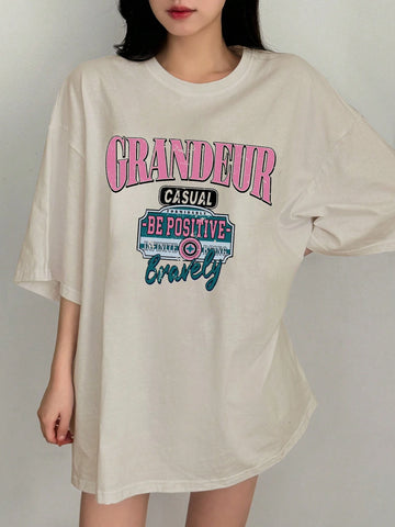 DAZY Women's Summer Loose Fit Casual T-Shirt With Round Neck, Drop Shoulder Sleeves And Slogan Print