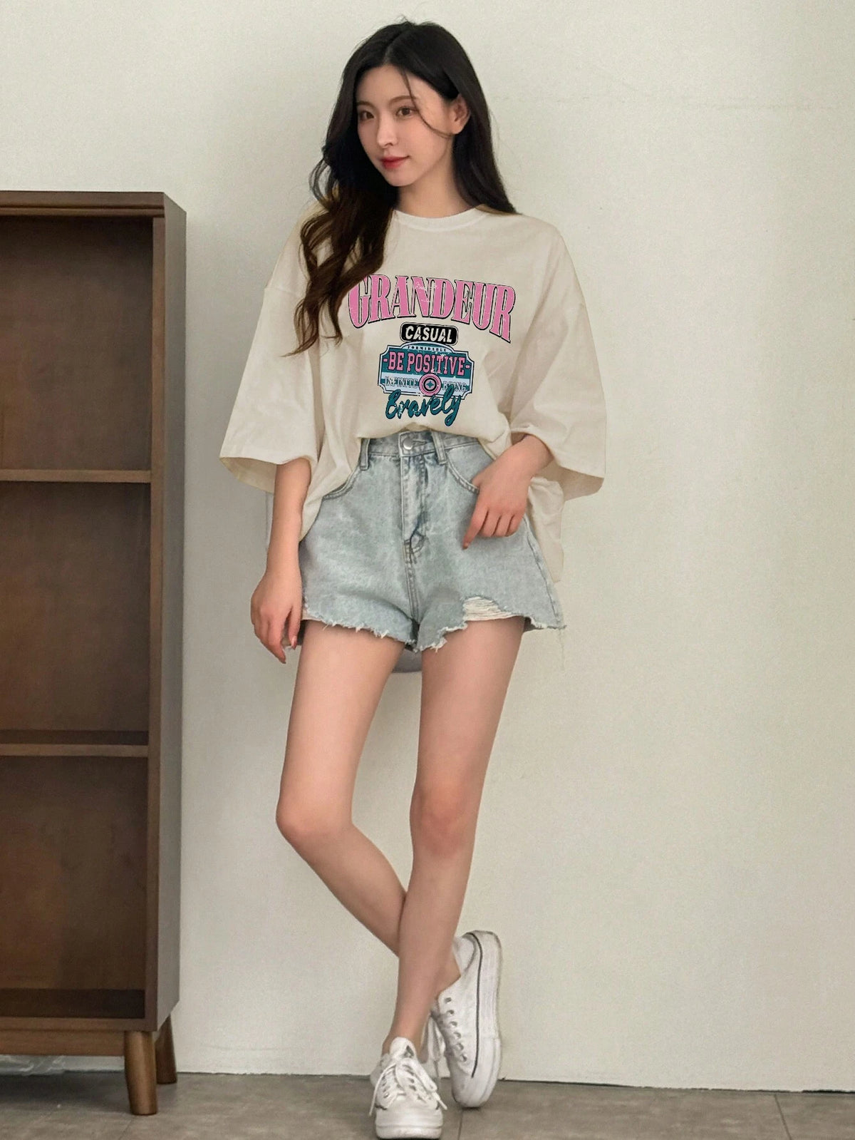 DAZY Women's Summer Loose Fit Casual T-Shirt With Round Neck, Drop Shoulder Sleeves And Slogan Print