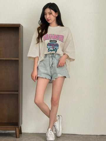 DAZY Women's Summer Loose Fit Casual T-Shirt With Round Neck, Drop Shoulder Sleeves And Slogan Print