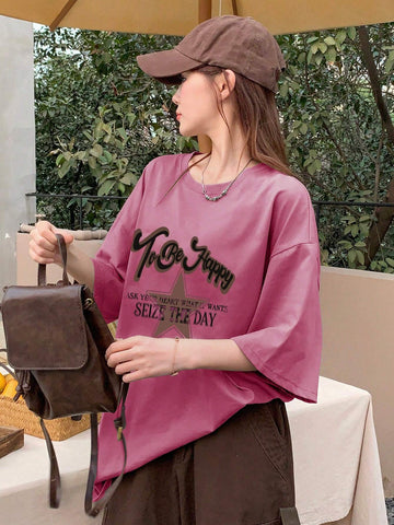 DAZY Women's Summer Loose Round Neck Drop Shoulder Short Sleeve Casual T-Shirt With Slogan Print