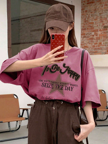 DAZY Women's Summer Loose Round Neck Drop Shoulder Short Sleeve Casual T-Shirt With Slogan Print