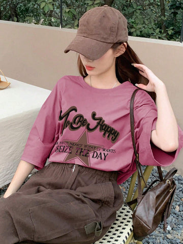 DAZY Women's Summer Loose Round Neck Drop Shoulder Short Sleeve Casual T-Shirt With Slogan Print