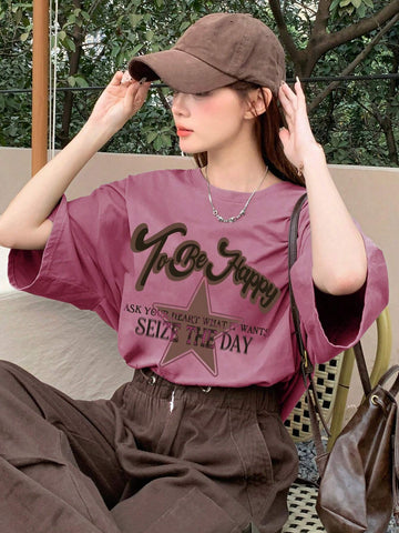 DAZY Women's Summer Loose Round Neck Drop Shoulder Short Sleeve Casual T-Shirt With Slogan Print