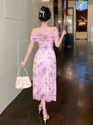 DAZY Women's Summer Off Shoulder Butterfly & Floral Print Slim Fit Dress