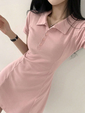 DAZY Women's Summer Slim Fit Short-Sleeved Dress With Front Buttons