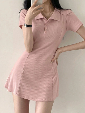 DAZY Women's Summer Slim Fit Short-Sleeved Dress With Front Buttons
