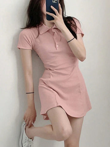 DAZY Women's Summer Slim Fit Short-Sleeved Dress With Front Buttons