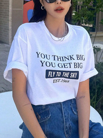 Women's Summer Slogan Printed Casual Fit Casual T-Shirt With Round Neck And Drop Shoulders