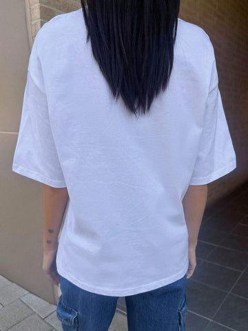 Women's Summer Slogan Printed Casual Fit Casual T-Shirt With Round Neck And Drop Shoulders