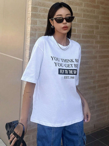 Women's Summer Slogan Printed Casual Fit Casual T-Shirt With Round Neck And Drop Shoulders
