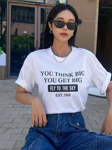 Women's Summer Slogan Printed Casual Fit Casual T-Shirt With Round Neck And Drop Shoulders