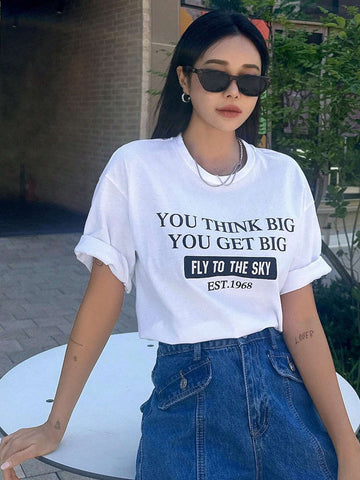Women's Summer Slogan Printed Casual Fit Casual T-Shirt With Round Neck And Drop Shoulders