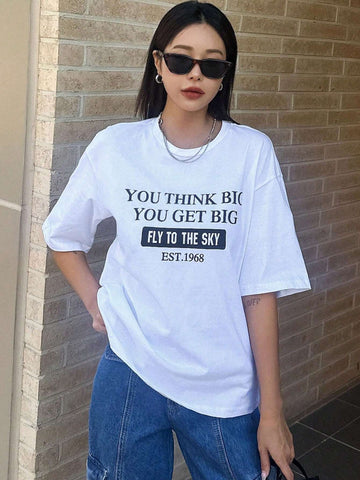 Women's Summer Slogan Printed Casual Fit Casual T-Shirt With Round Neck And Drop Shoulders