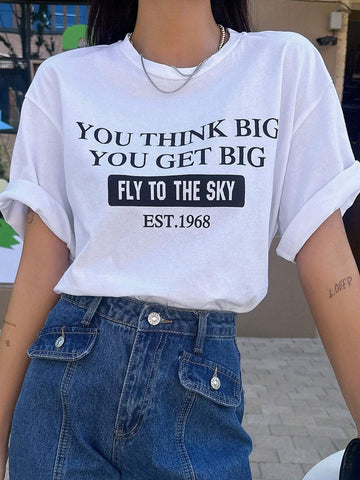 Women's Summer Slogan Printed Casual Fit Casual T-Shirt With Round Neck And Drop Shoulders