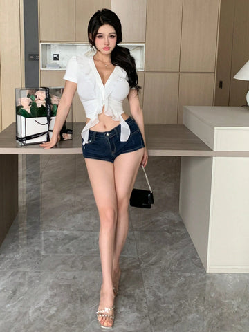 DAZY Women's Summer Solid Color Contrast Ruffle Short Sleeve T-Shirt