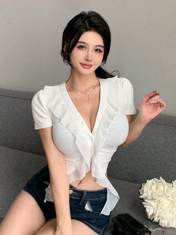 DAZY Women's Summer Solid Color Contrast Ruffle Short Sleeve T-Shirt