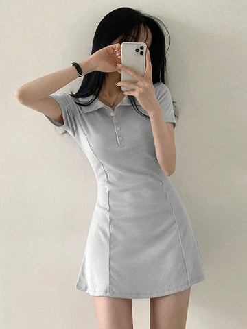DAZY Women's Summer Solid Color Half Placket Short Sleeve Waist-Cinched Dress
