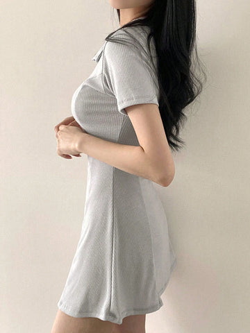 DAZY Women's Summer Solid Color Half Placket Short Sleeve Waist-Cinched Dress