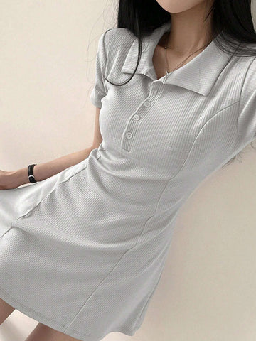 DAZY Women's Summer Solid Color Half Placket Short Sleeve Waist-Cinched Dress