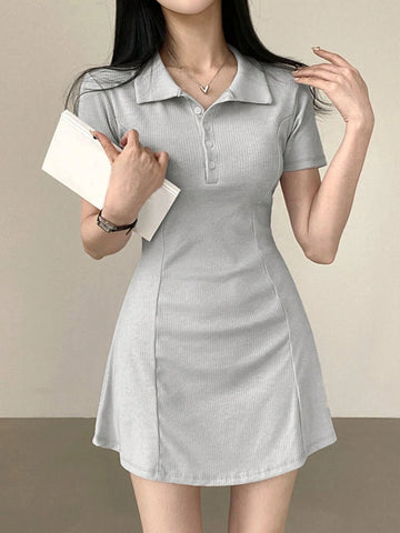 DAZY Women's Summer Solid Color Half Placket Short Sleeve Waist-Cinched Dress