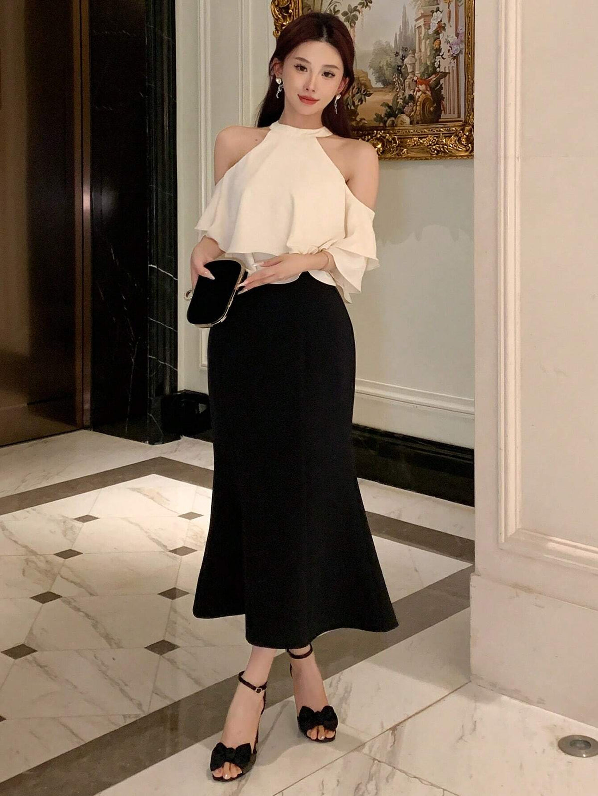 DAZY Women's Summer Solid Color Off-Shoulder Top And Mermaid Skirt Elegant Two-Piece Set With Ruffle Trim