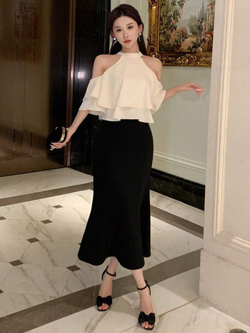 DAZY Women's Summer Solid Color Off-Shoulder Top And Mermaid Skirt Elegant Two-Piece Set With Ruffle Trim