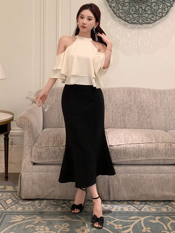 DAZY Women's Summer Solid Color Off-Shoulder Top And Mermaid Skirt Elegant Two-Piece Set With Ruffle Trim