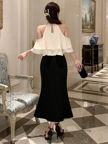 DAZY Women's Summer Solid Color Off-Shoulder Top And Mermaid Skirt Elegant Two-Piece Set With Ruffle Trim