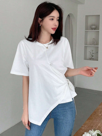 DAZY Women's Summer Solid Color Round Neck Short Sleeve Asymmetric Hem Casual T-Shirt