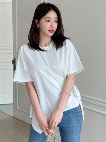 DAZY Women's Summer Solid Color Round Neck Short Sleeve Asymmetric Hem Casual T-Shirt