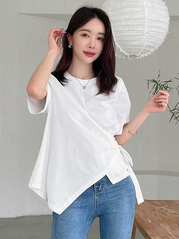 DAZY Women's Summer Solid Color Round Neck Short Sleeve Asymmetric Hem Casual T-Shirt