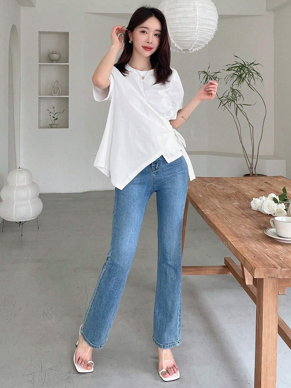 DAZY Women's Summer Solid Color Round Neck Short Sleeve Asymmetric Hem Casual T-Shirt