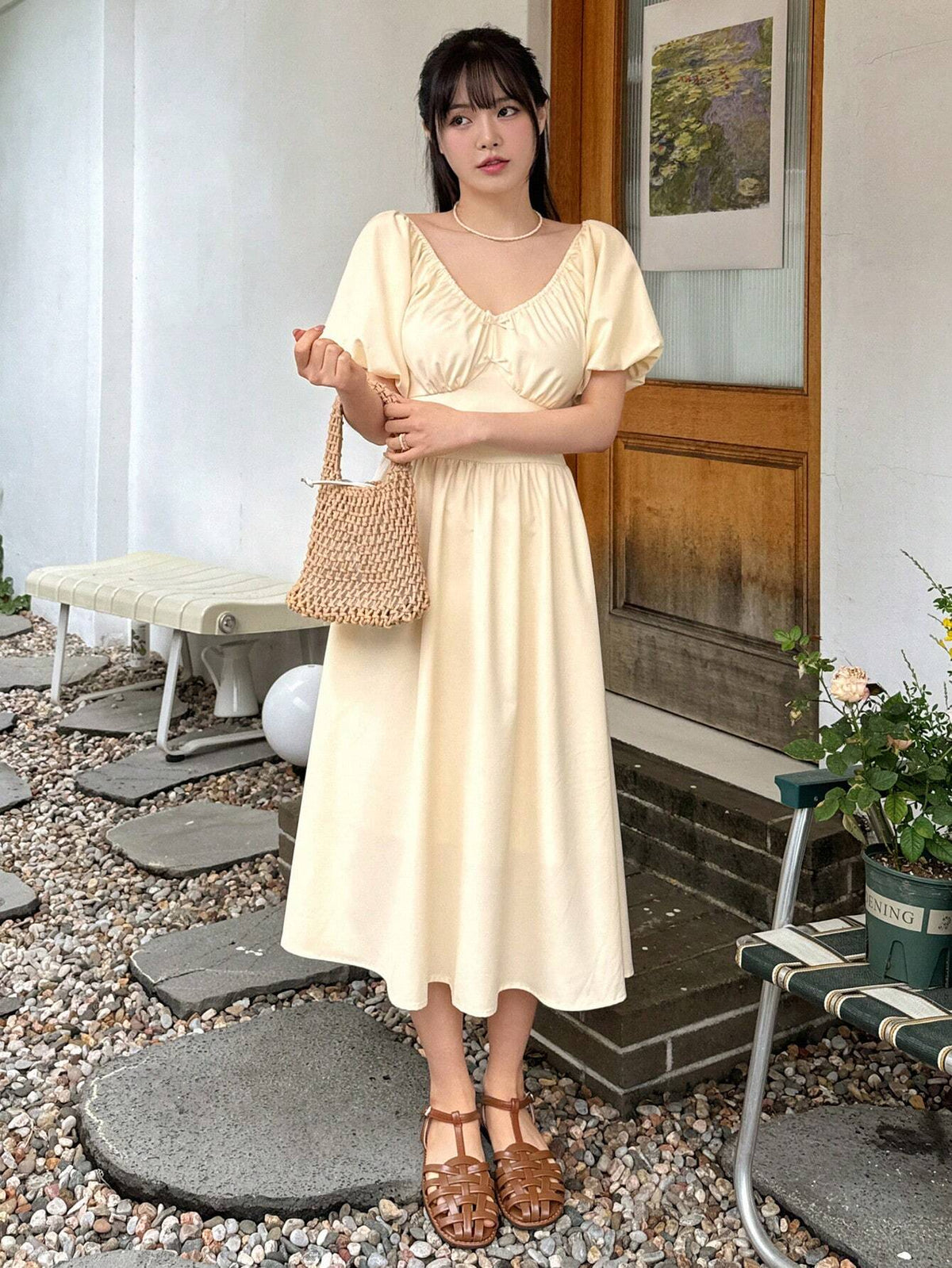 DAZY Women's Summer Solid Color V-Neck Pleated Puff Sleeve Long Elegant Dress