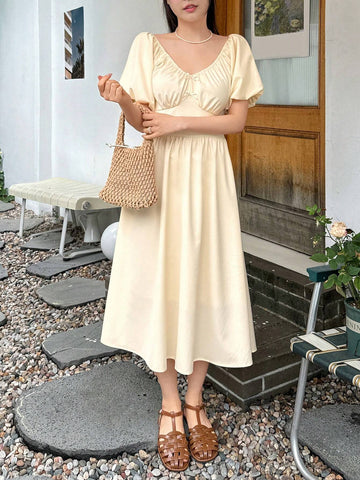 DAZY Women's Summer Solid Color V-Neck Pleated Puff Sleeve Long Elegant Dress