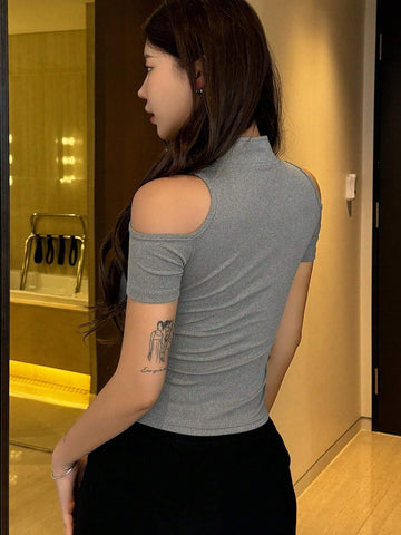 Women's Summer Solid Color Zipper Half Placket Off Shoulder Short Sleeve Slim Fit T-Shirt