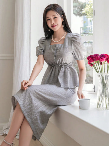 DAZY Women's Summer Square Neck Short Puff Sleeve Solid Color Shirt And Skirt 2 Piece Set