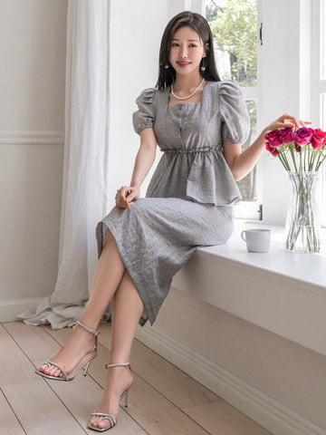 DAZY Women's Summer Square Neck Short Puff Sleeve Solid Color Shirt And Skirt 2 Piece Set