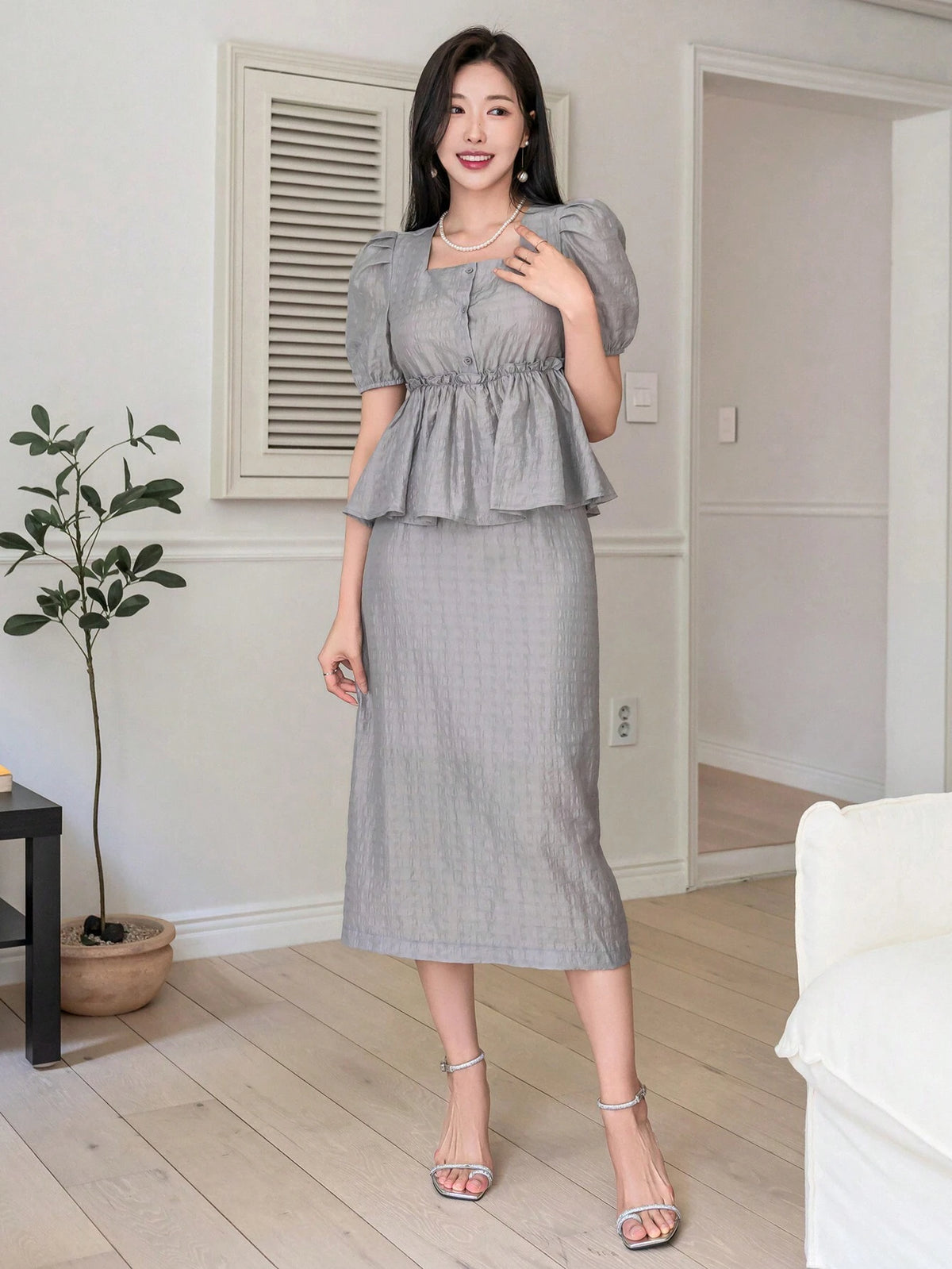 DAZY Women's Summer Square Neck Short Puff Sleeve Solid Color Shirt And Skirt 2 Piece Set