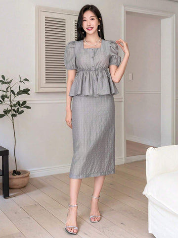 DAZY Women's Summer Square Neck Short Puff Sleeve Solid Color Shirt And Skirt 2 Piece Set