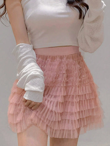 DAZY Women's Summer Sweet Mesh Elastic Waist Multi-Layer Mesh Crop Skirt