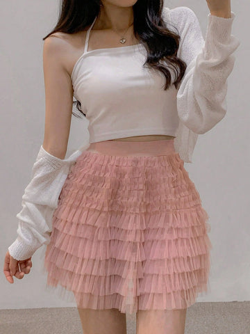 DAZY Women's Summer Sweet Mesh Elastic Waist Multi-Layer Mesh Crop Skirt