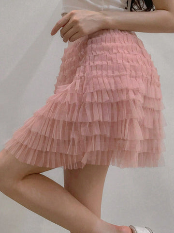 DAZY Women's Summer Sweet Mesh Elastic Waist Multi-Layer Mesh Crop Skirt