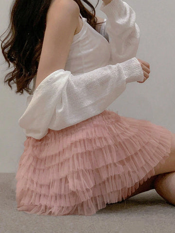 DAZY Women's Summer Sweet Mesh Elastic Waist Multi-Layer Mesh Crop Skirt