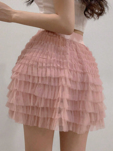 DAZY Women's Summer Sweet Mesh Elastic Waist Multi-Layer Mesh Crop Skirt