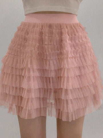 DAZY Women's Summer Sweet Mesh Elastic Waist Multi-Layer Mesh Crop Skirt