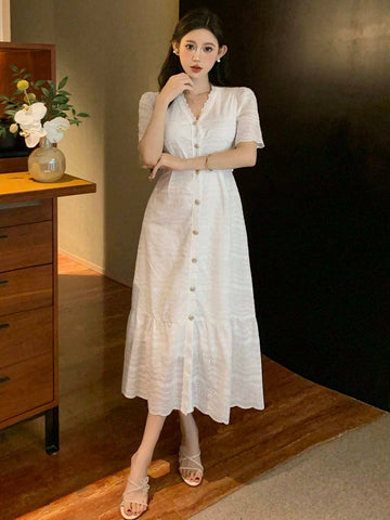 DAZY Women's Summer V-Neck Embroidered Hollow Out Button Front Dress