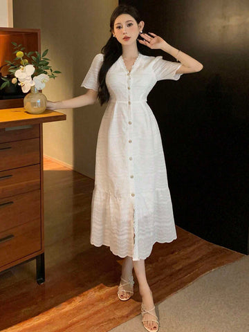 DAZY Women's Summer V-Neck Embroidered Hollow Out Button Front Dress