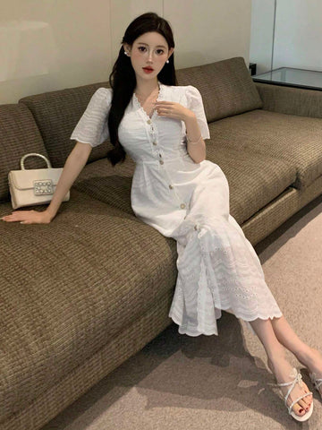 DAZY Women's Summer V-Neck Embroidered Hollow Out Button Front Dress