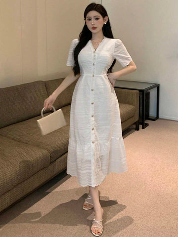 DAZY Women's Summer V-Neck Embroidered Hollow Out Button Front Dress