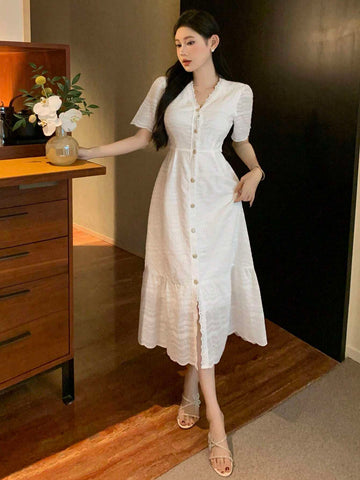DAZY Women's Summer V-Neck Embroidered Hollow Out Button Front Dress